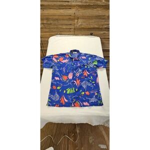 Vintage Repage Abstract Print Button Up Shirt Blue 80s Retro Short Sleeve Mens